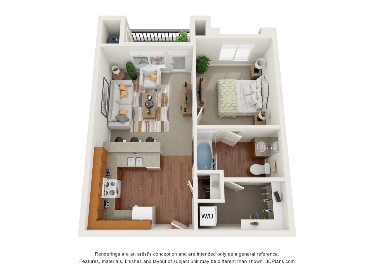 Floor plan for 1 bed, 1 bath, 718 sqft